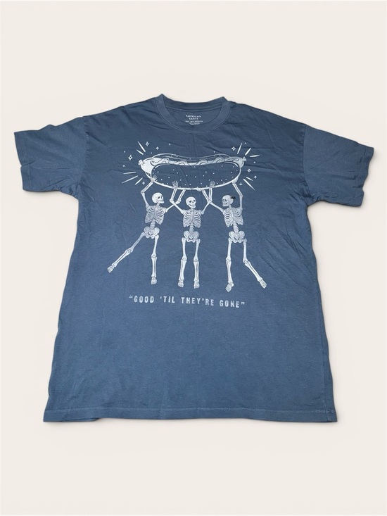 American Eagle Outfitters Tops - American Eagle Blue Crewneck Tee with Skeleton Hot Dog Graphic Size XS/S NWT